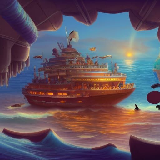 Penguin Pirates Cruise Ship: Detailed Digital Painting