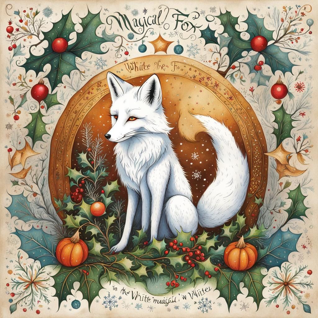 Magical White Fox Winter Scene on Parchment