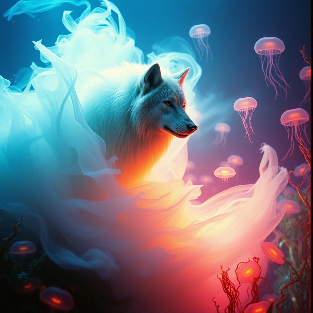 Ethereal wolf warping into a vibrant sea.