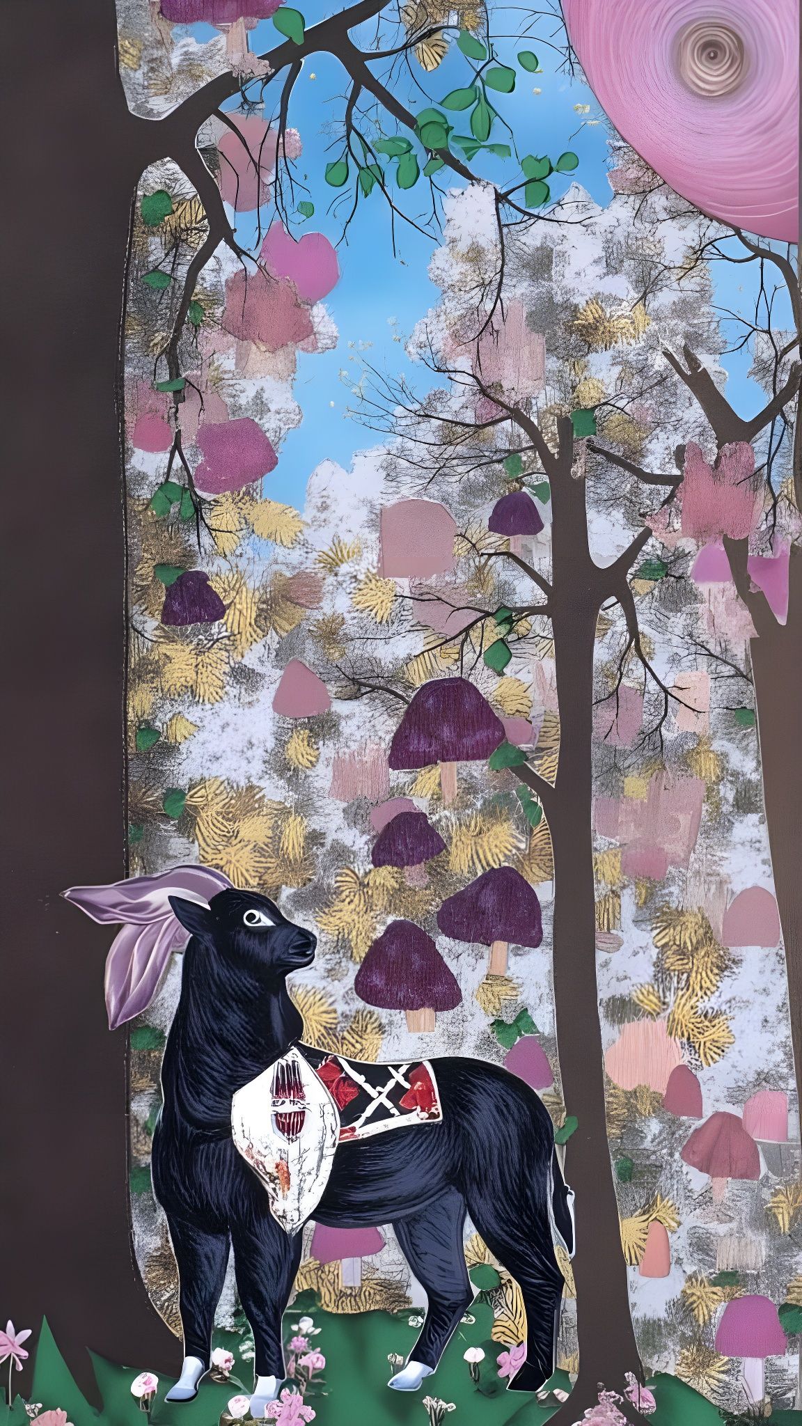 Goat and Knight in Magical Forest Paper Collage