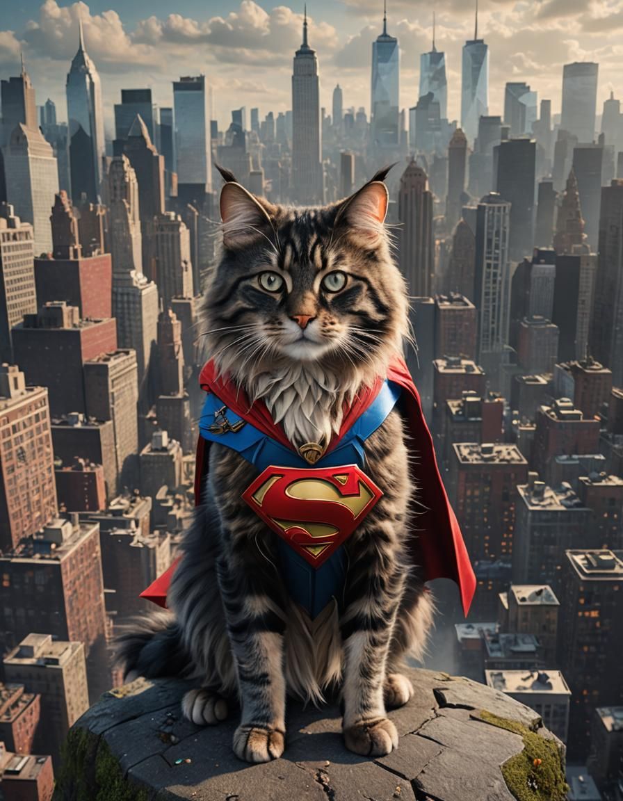Norwegian Forest Cat as Superman in New York