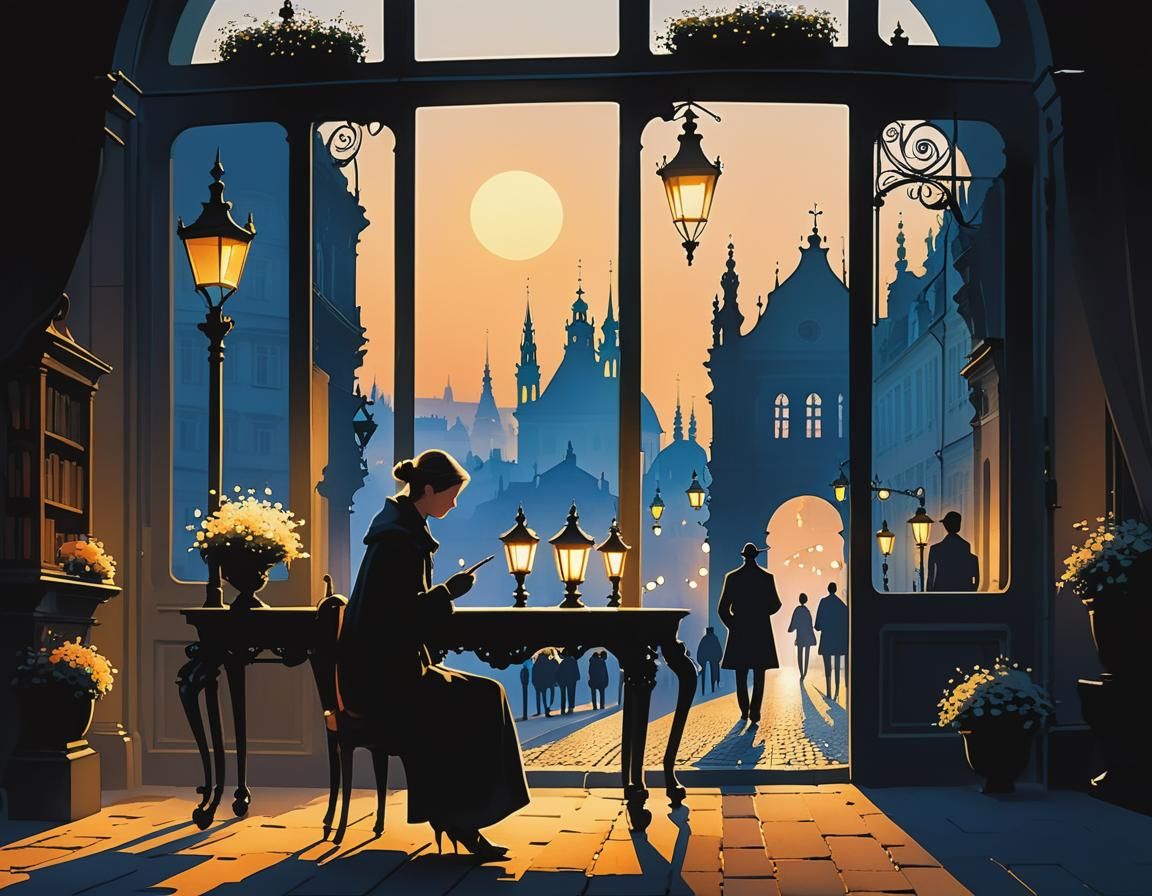 Prague Cityscape in Watercolor at Golden Hour