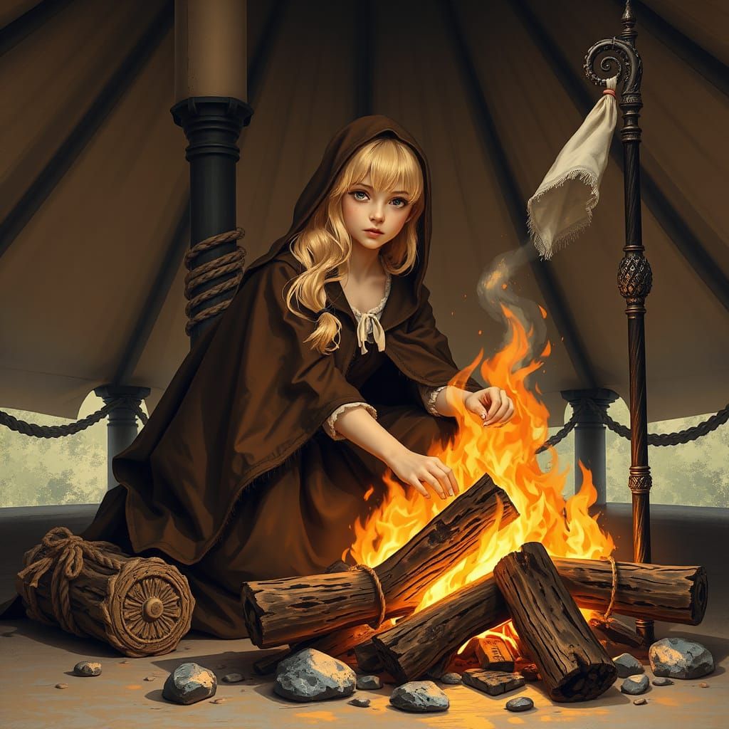 Girl by Campfire Under Canopy: Hyperrealistic Illustration