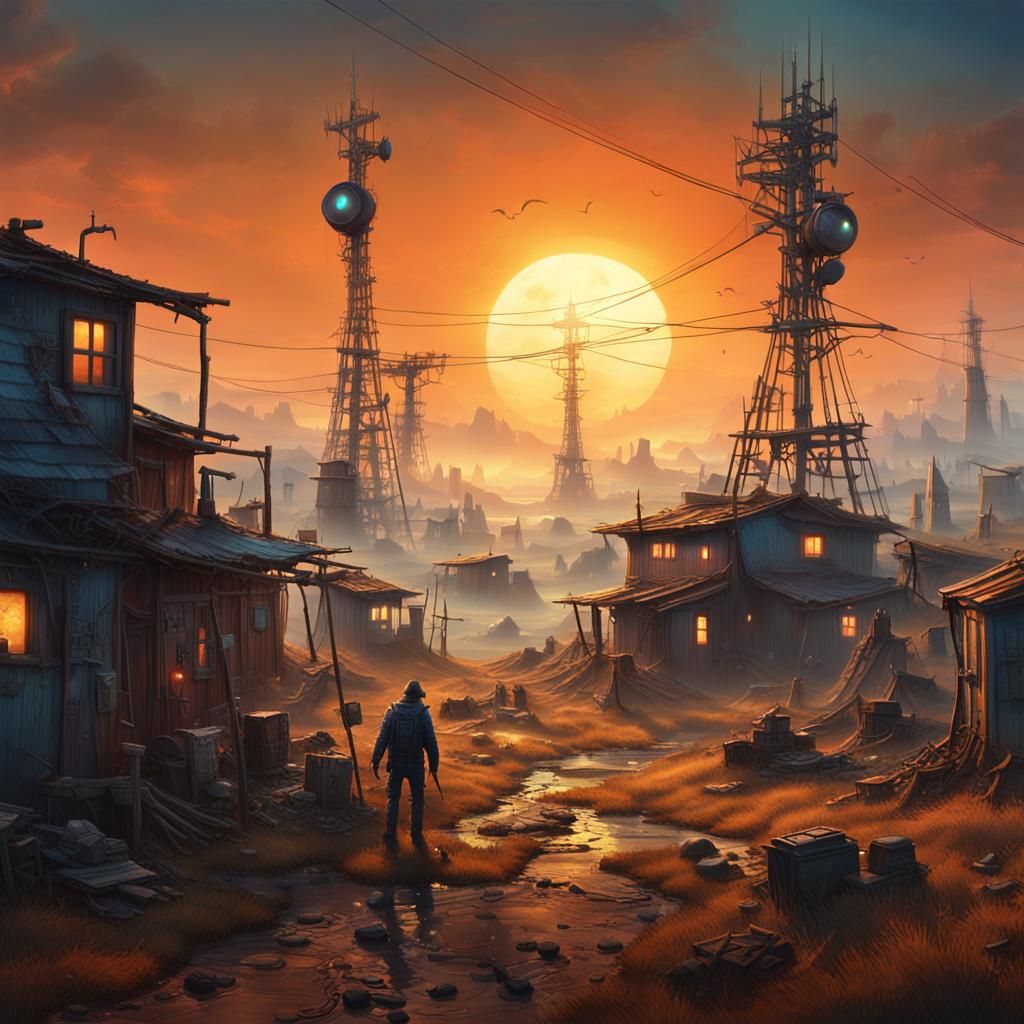 Post-Apocalyptic Settlement at Sunset: Fantasy Concept Art