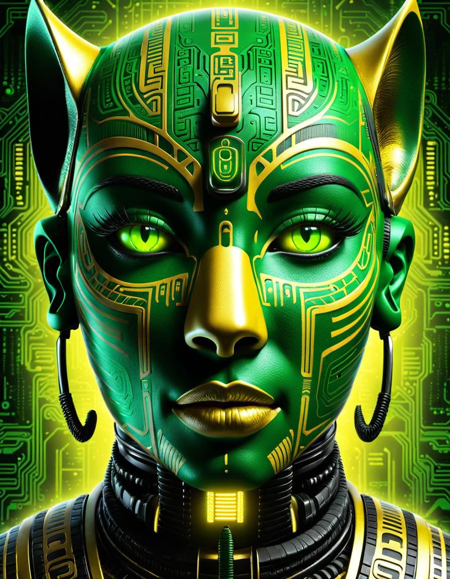 Maori Tattooed Bastet Goddess with Cyberpunk Elements