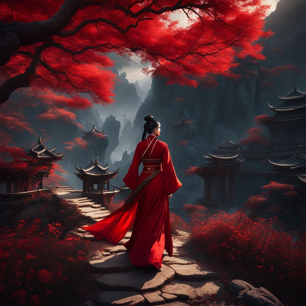 Woman in Hanfu Wandering Cursed Lands: Fantasy Art