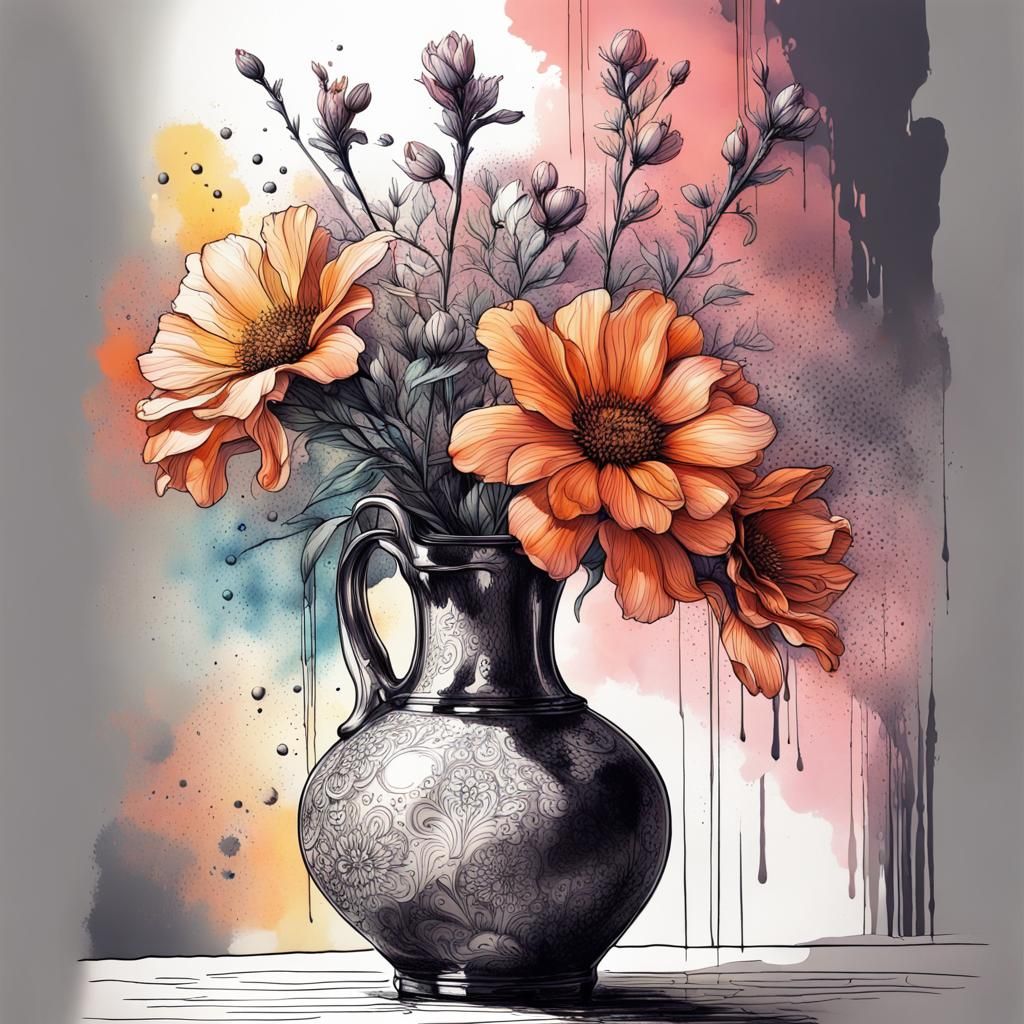 Beautiful Flower Vase in Ink Drawing Style