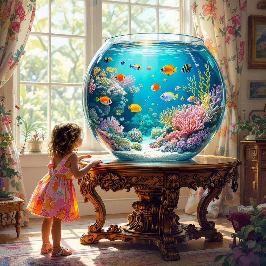 Child Gazing into Reef Aquarium, Artistic Illustration