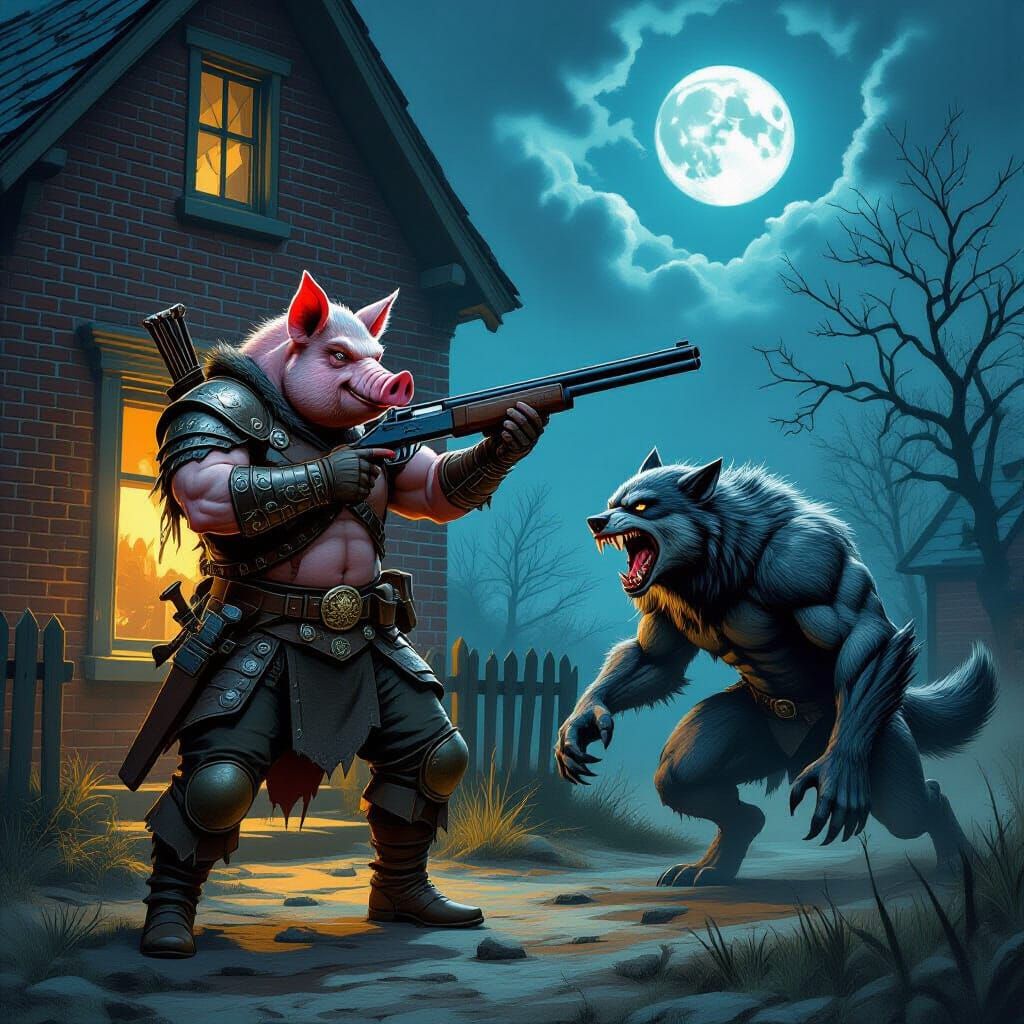 Pig Warrior Fights Werewolf in Dark Fantasy Style