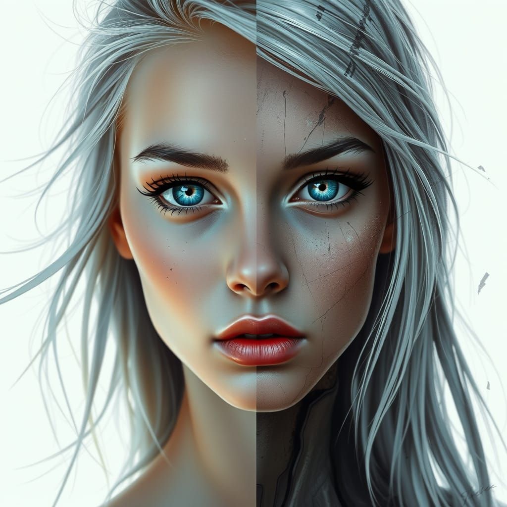 Surreal Digital Manga Split-Portrait of a Young Woman