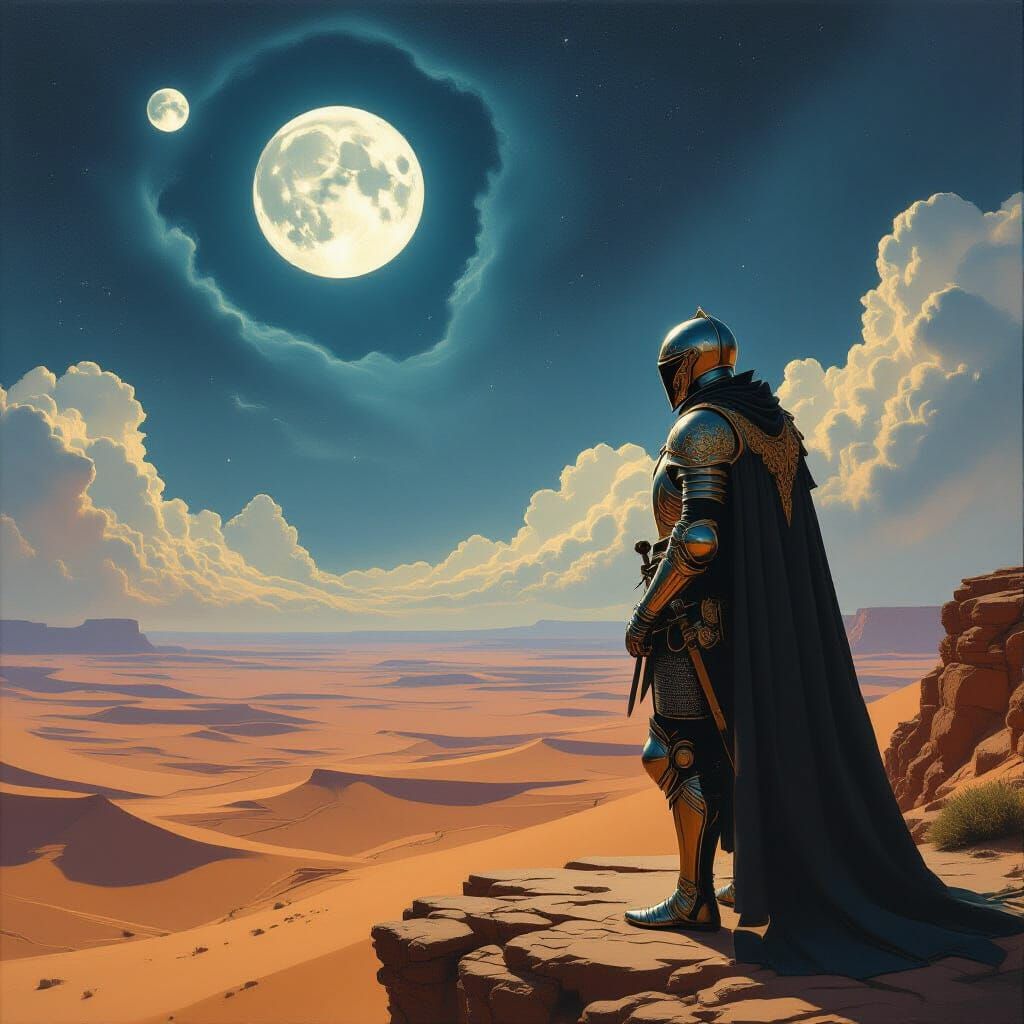 Knight on Alien Cliff Edge Under Nebula Sky