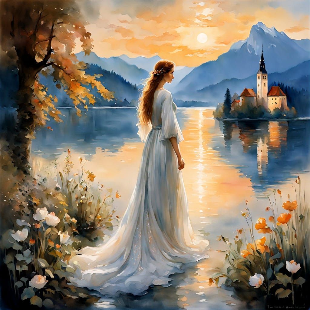 Standing on the shore of Lake Bled.