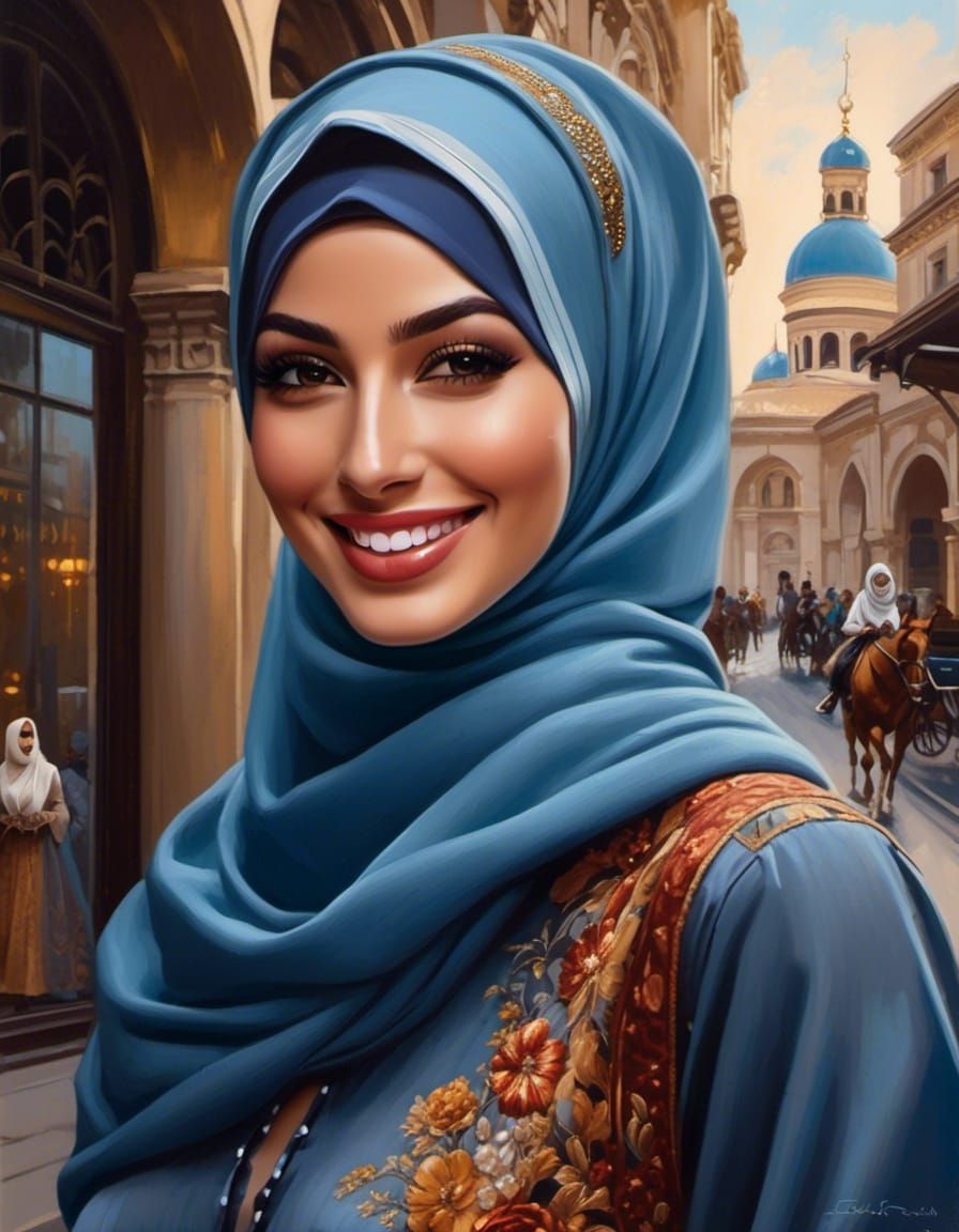 Beautiful Hijabi Woman Smiling in Oil Painting Style