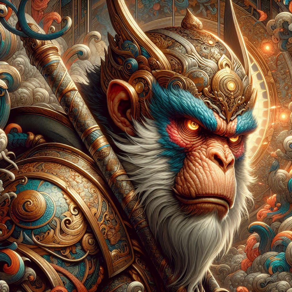 Warrior Monkey Portrait in Gouache Style, 8K