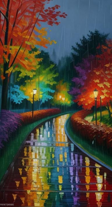 Rainy Autumn Night in Park, Paper Collage Style