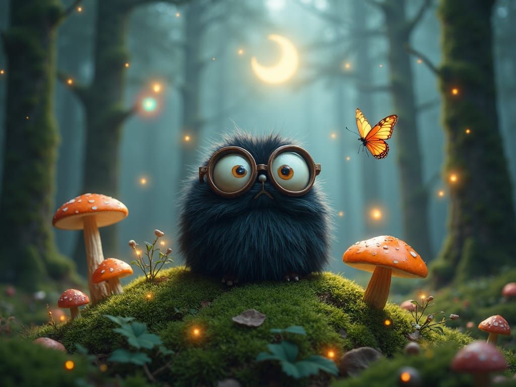 Enchanted Forest Scene with Mystical Fluffy Creature