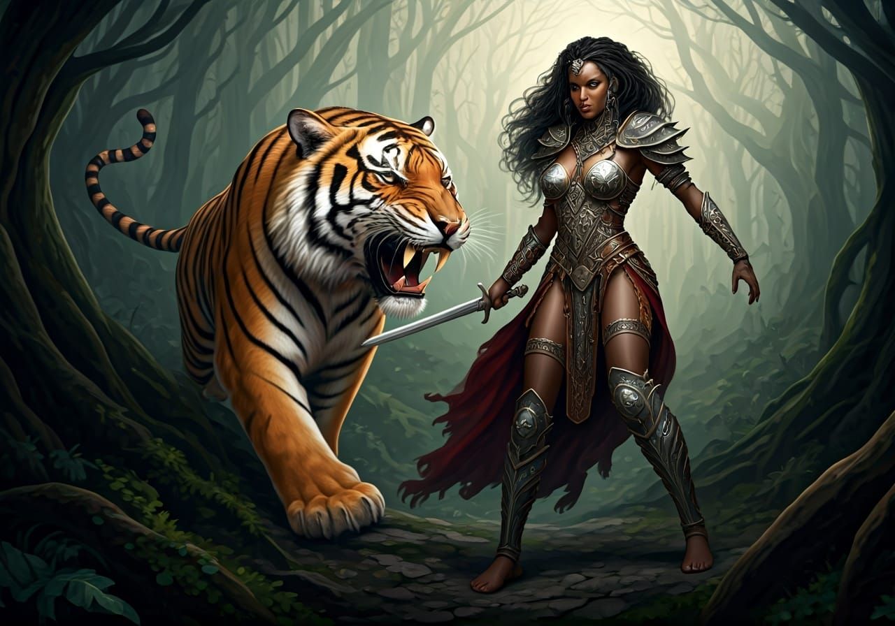 Warrior Woman Battles Tiger in Boris Vallejo Style