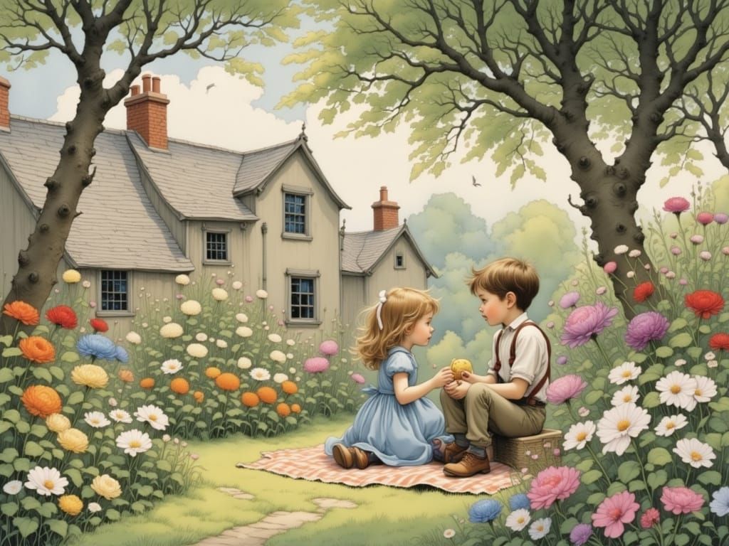 Whimsical Grandchildren Play Under Blooming Fruit Trees