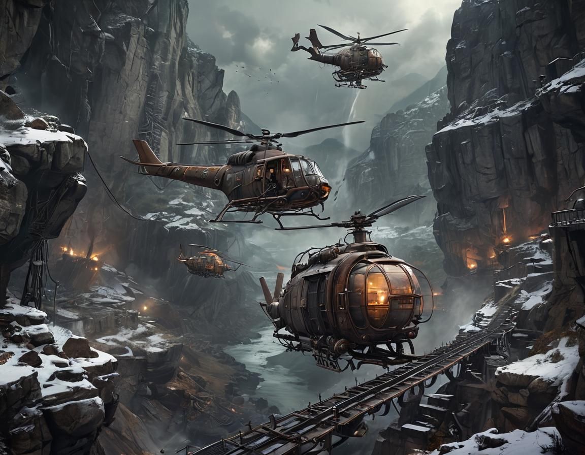 Steampunk Helicopter in Mountain Gorge Concept Art