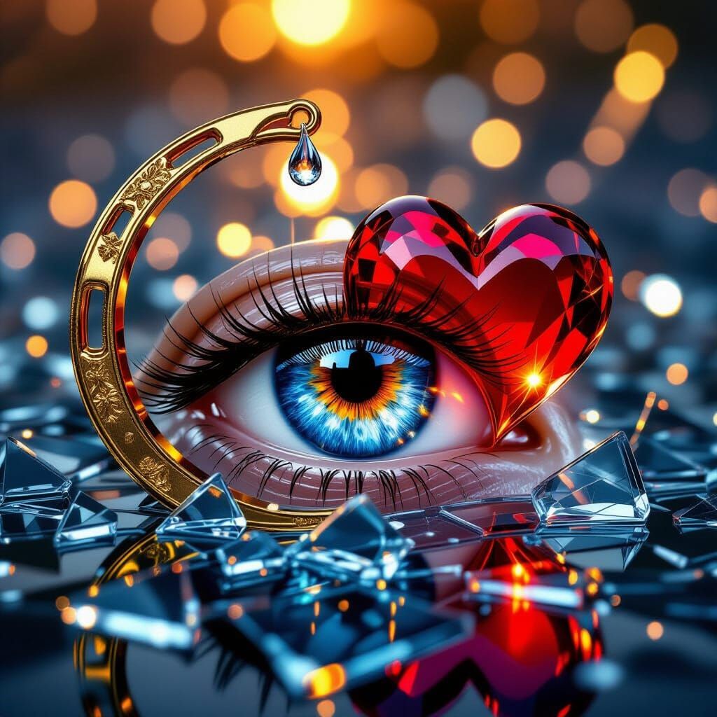 Crystal Eye Weeps Heart Amidst Shattered Glass