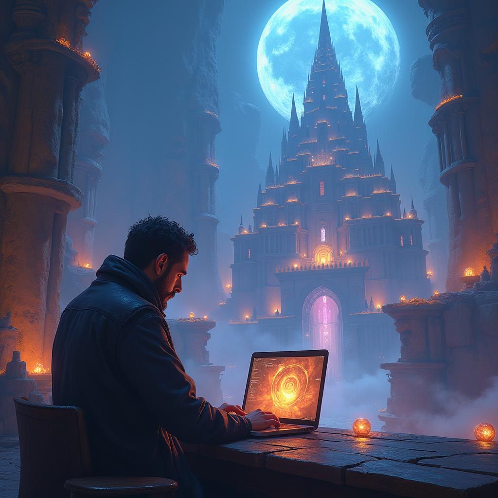 God-Tier Programmer in Mystical Realm, Fantasy Concept Art