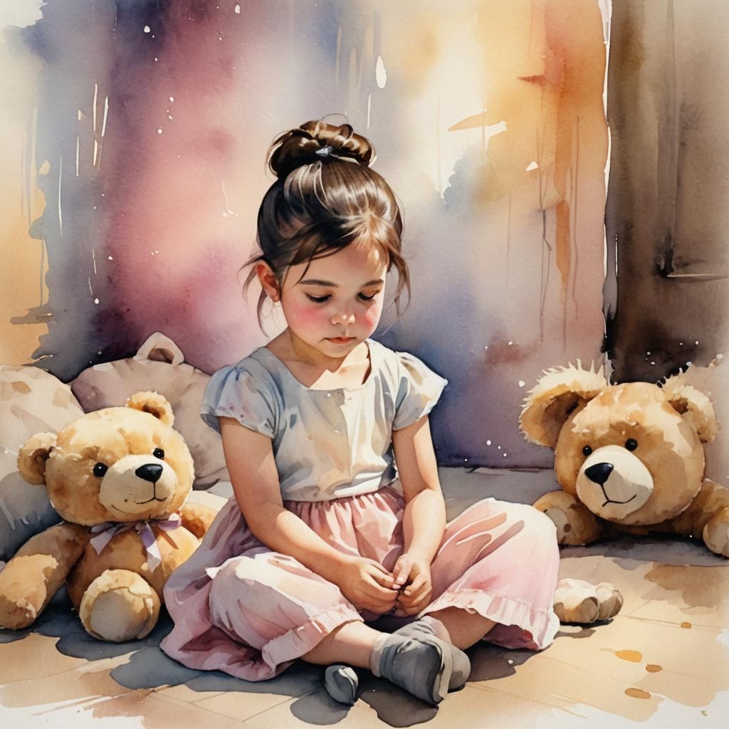 Girl Playing with Teddy Bear in Watercolor Portrait