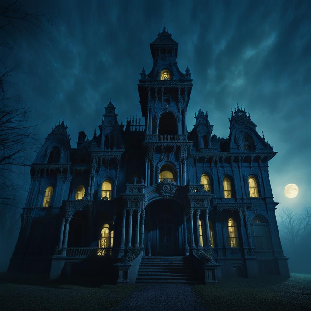 Creepy Gothic Mansion in Baroque Style at Night