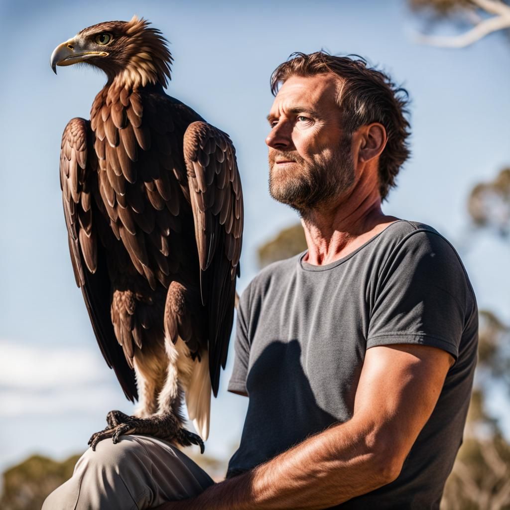 Wedge-Tailed Eagle Perched on Man's Shoulder
