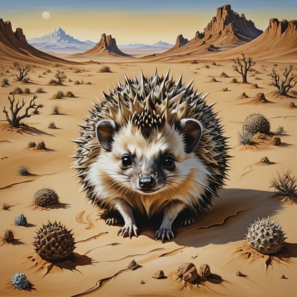 Surreal Desert Hedgehog in Oil on Canvas