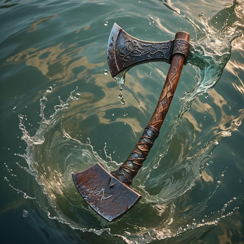Iron Age Axe Head Floating: Hyperrealistic Splash Art
