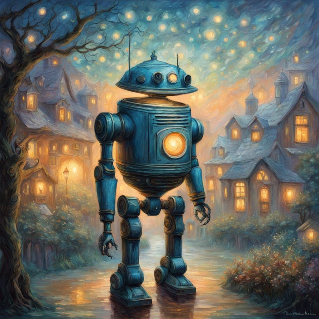 Ethereal Robot in Whimsical Post-Impressionist Landscape