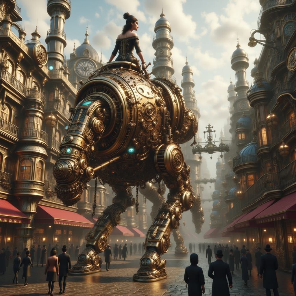 Steampunk Woman on Automaton in Bustling City