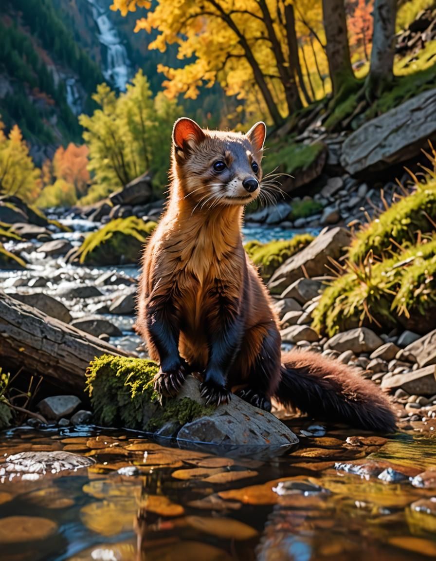 Marten by Colorful River: Hyper-Realistic Stock Photography
