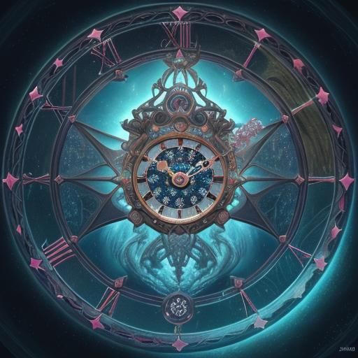 Clock Face Submerged in River: Cosmic Astral Illustration