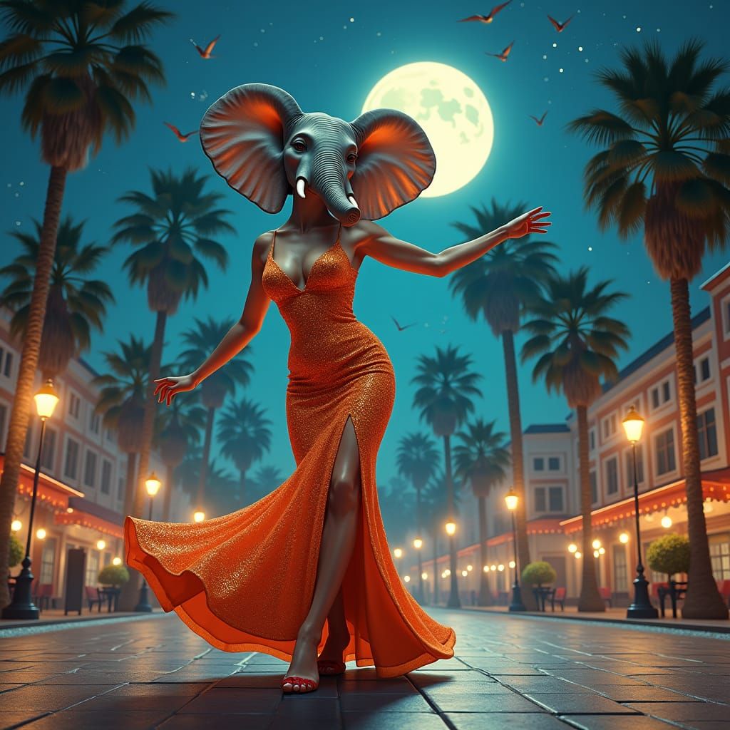 Elegant Elephant Lady Dancing in Moonlit Square