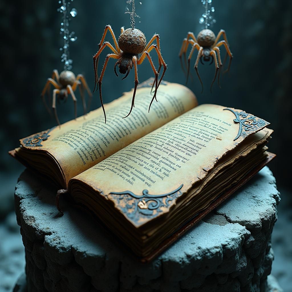 Mysterious Book with Frozen Spiders in Surreal Style