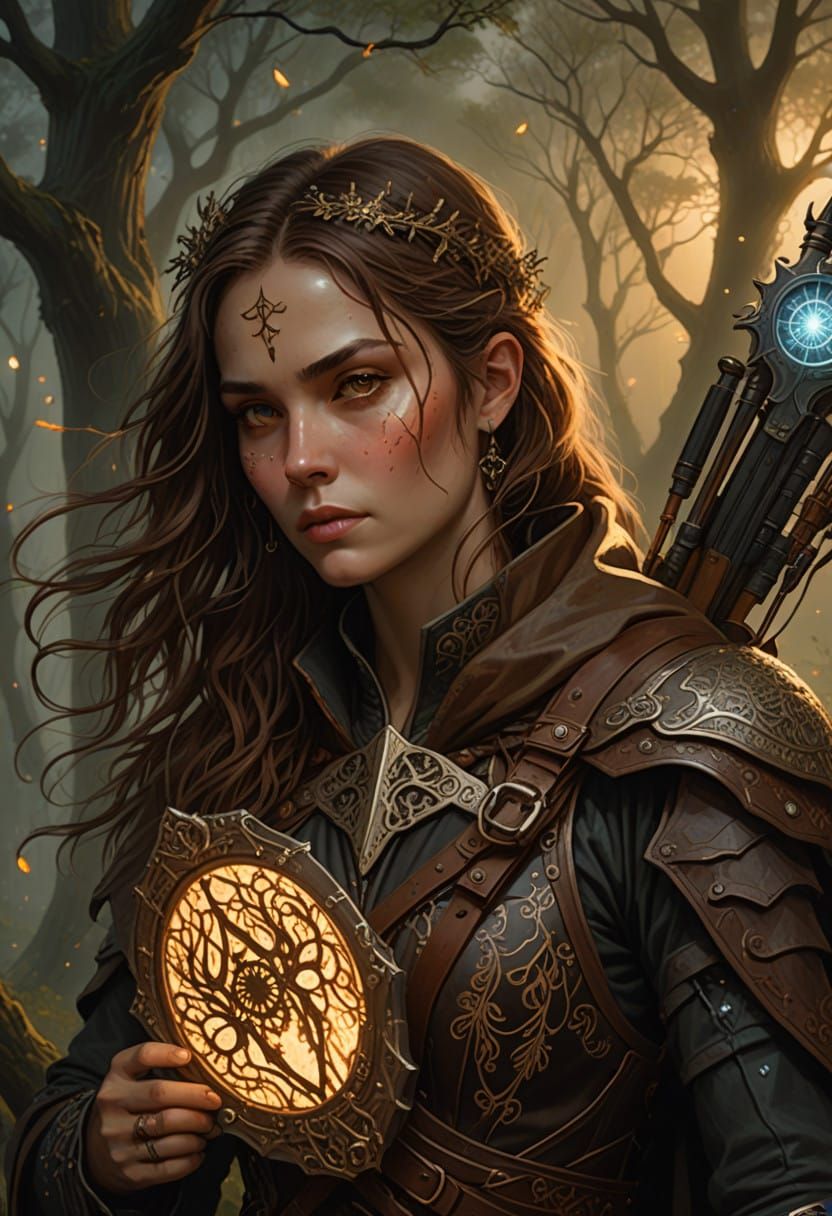 Medieval Warrior Woman in Moonlit Forest, in Dystopian Futur...