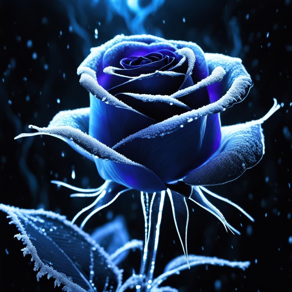 Bioluminescent Frozen Rose in Stormy Blizzard