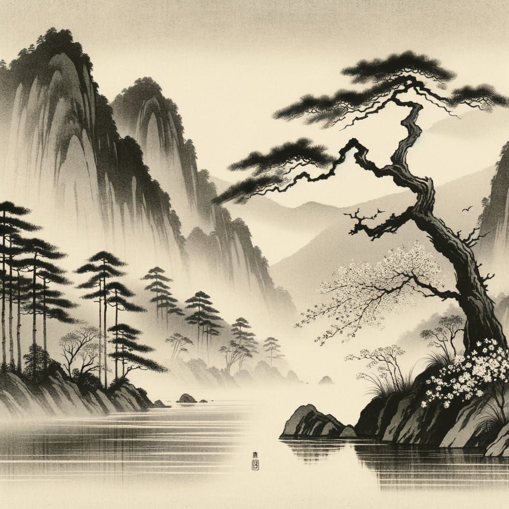 Misty Mountains & Pine Trees in Japanese Ink Wash Style