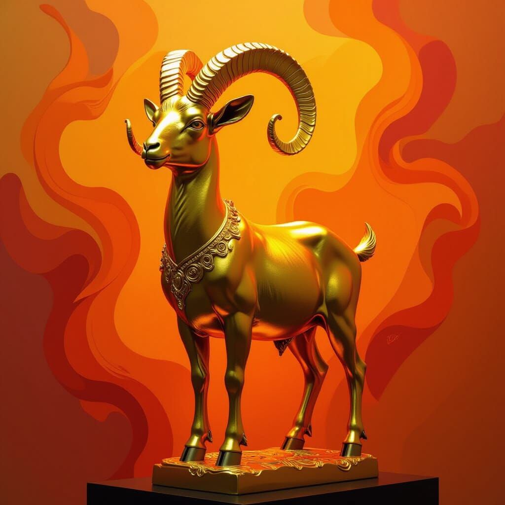 Golden Goat Statue Amidst Fiery Abstract Colors