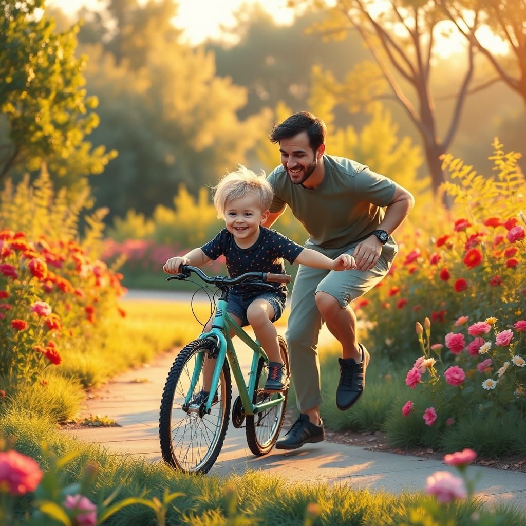 A whimsical scene of a father teaching his child how to ride...
