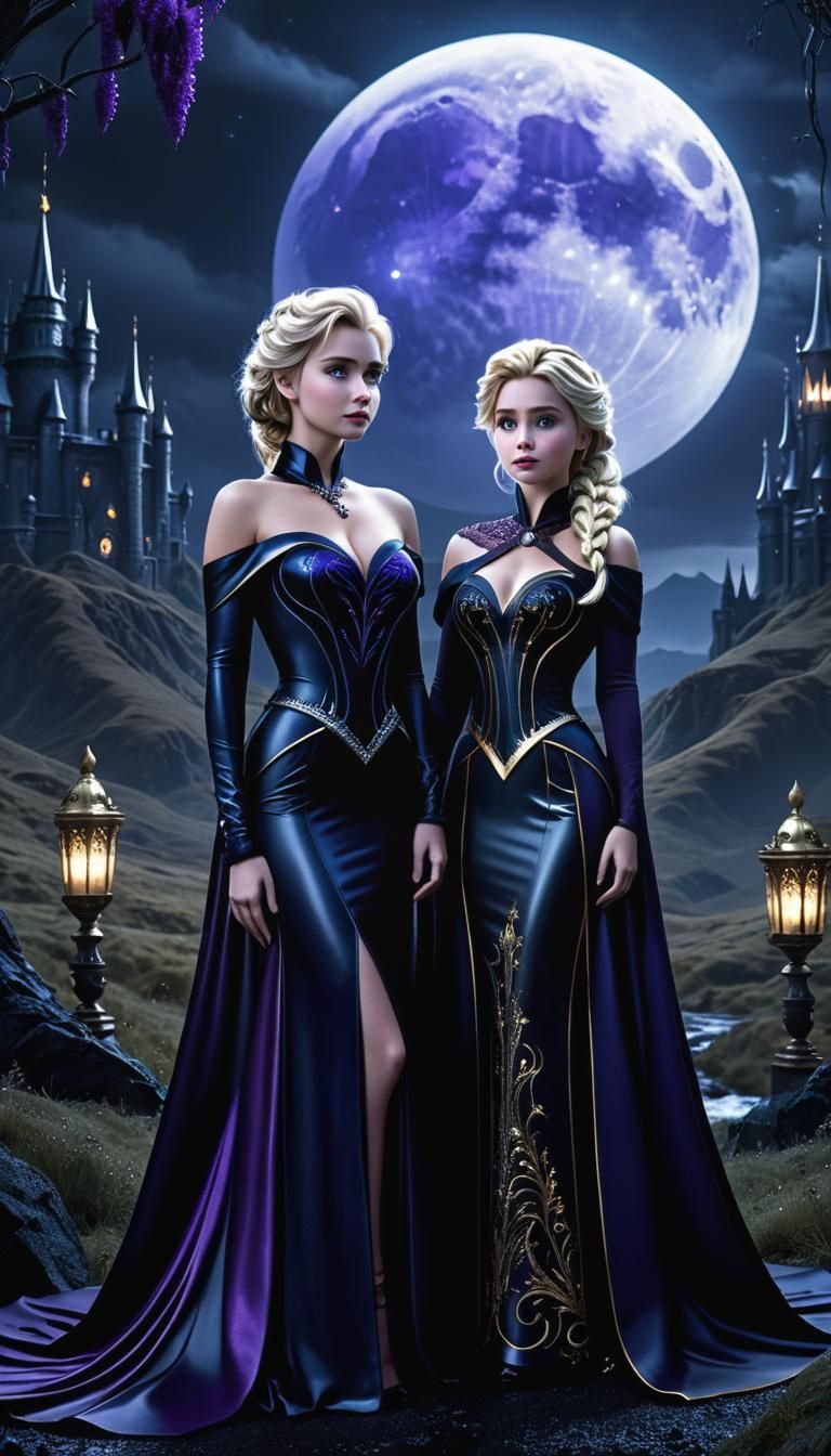Anna and Elsa in Dark Fantasy Gothic Landscape