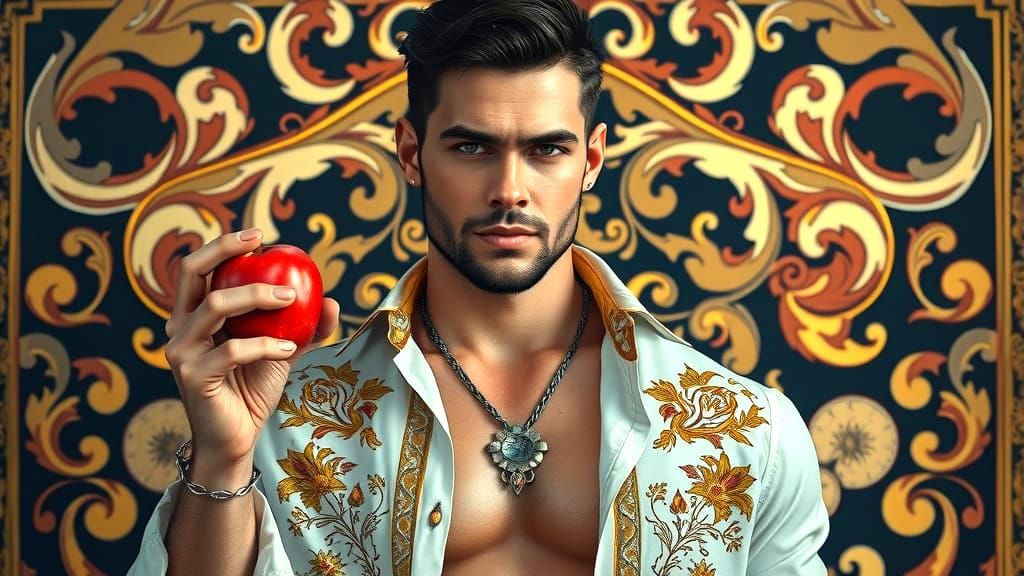 Dramatic Portrait of a Man Holding an Apple in Triadic Color...