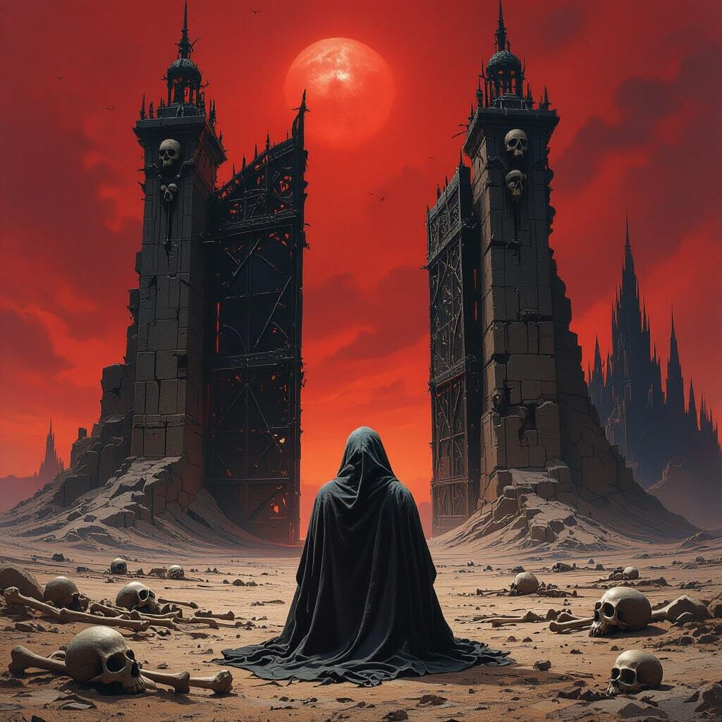 Dark Fantasy Gate with Figure in Wasteland