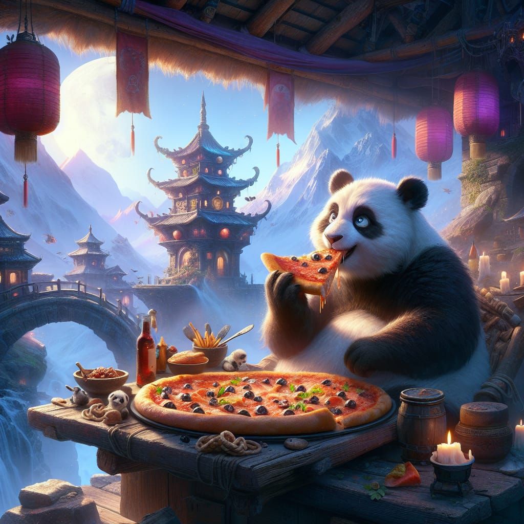 a panda eating pizza