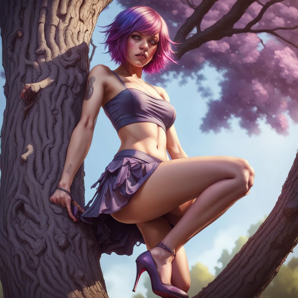 Purple Hair Girl Climbs Tree, Digital Art