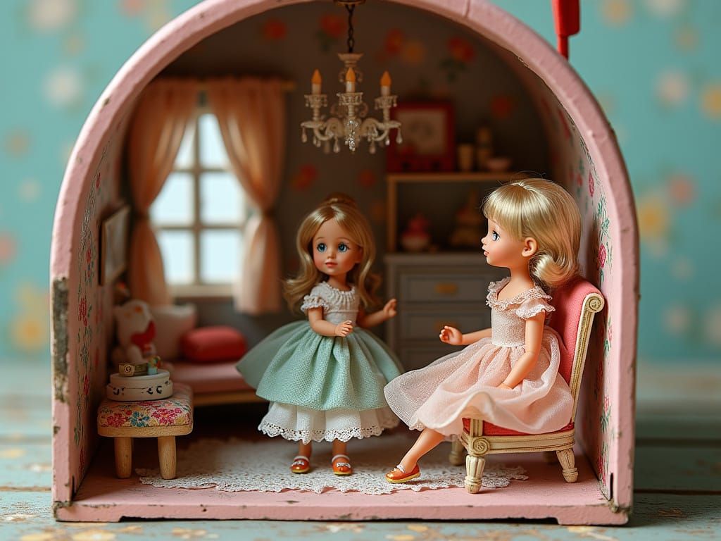 Whimsical Dollhouse Mailbox Scene with Barbie Dolls