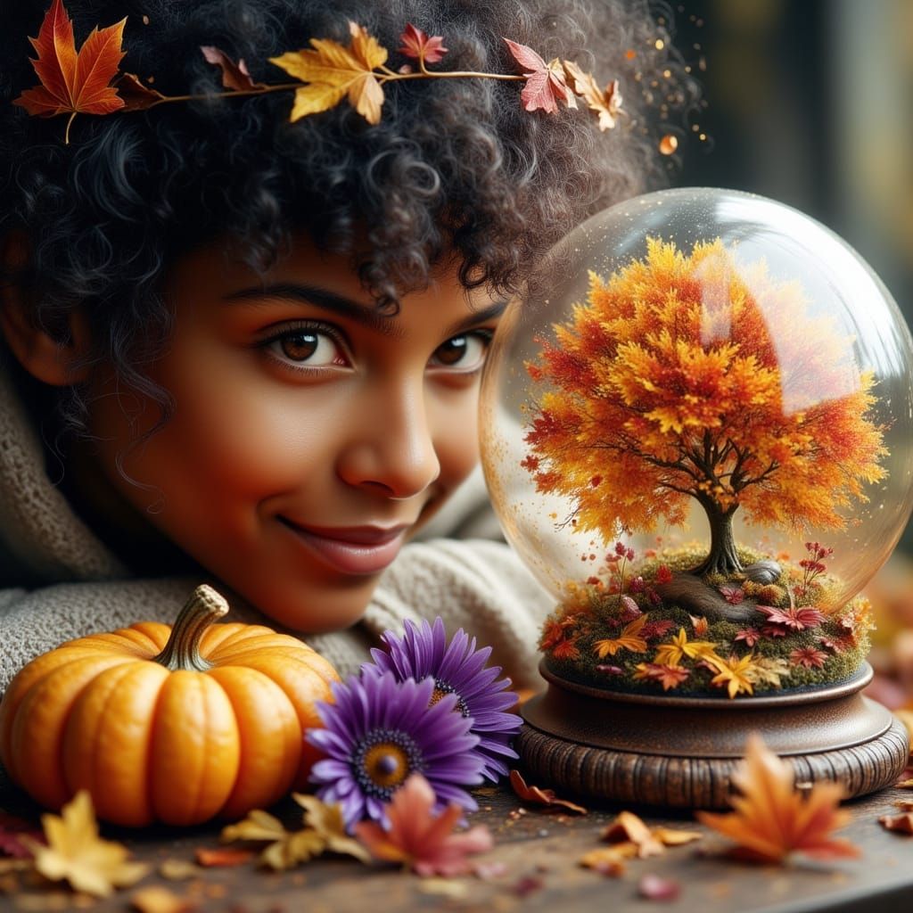 Girl Peeking Into Autumn Globe World with Asters