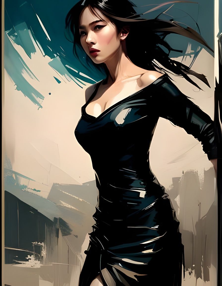 Detailed Oil Painting with Ink Drip and Brush Strokes