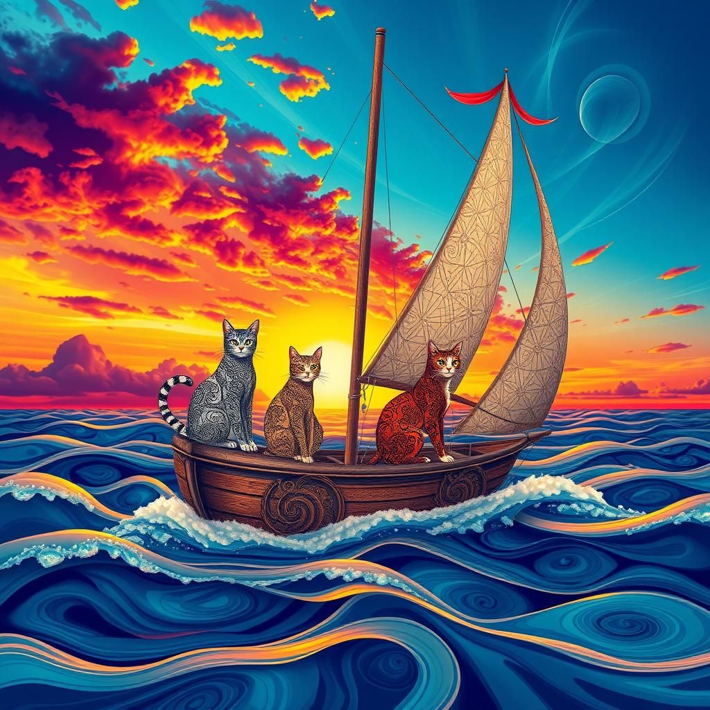 Cat Crew Sailboat at Sunset: Fractal Digital Art